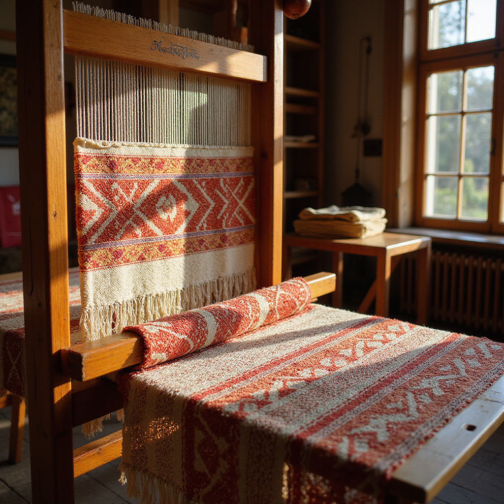 Warsztat tkacki w Domu Rzemieślników Ventspils z ręcznie tkanymi materiałami