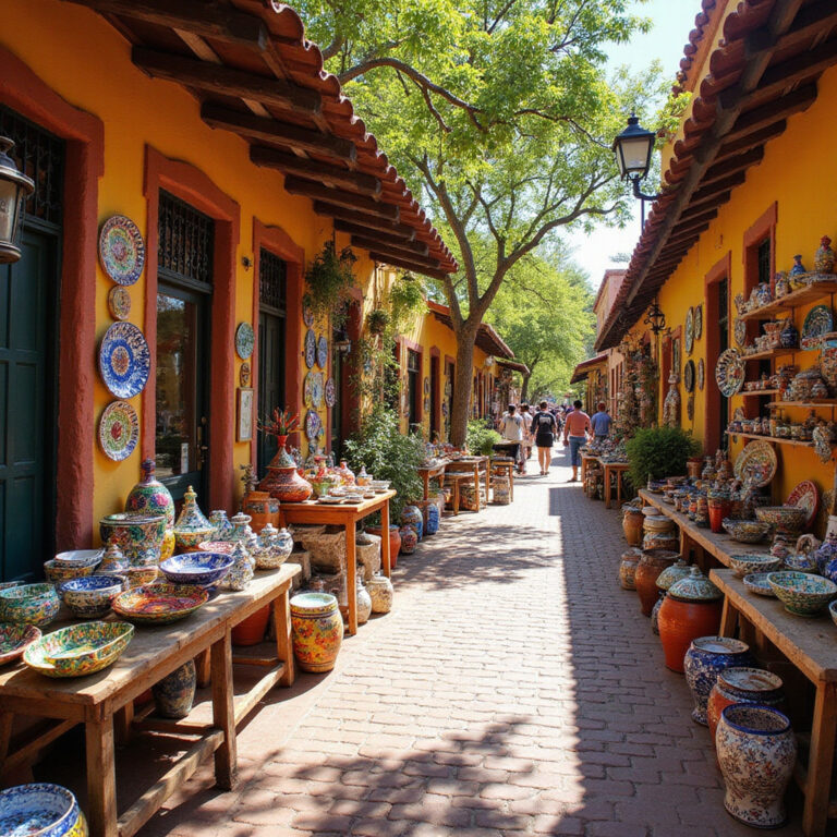 Ulica w Tlaquepaque z kolorowymi warsztatami ceramiki talavera
