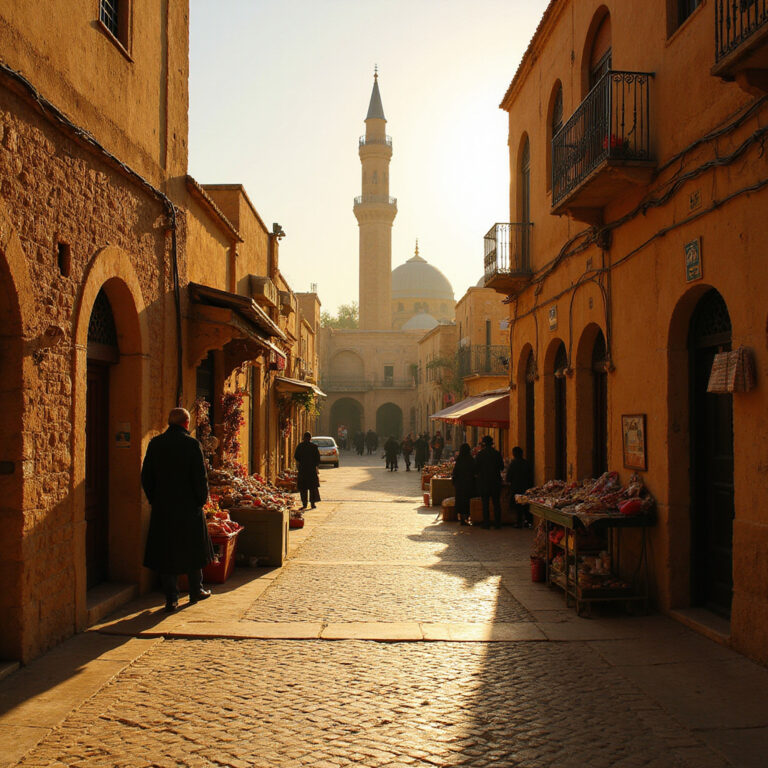 Wąskie uliczki Kairouan z widocznym Wielkim Meczetem w tle