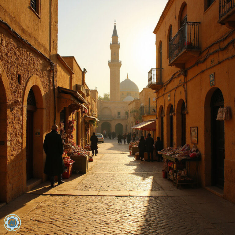 Wąskie uliczki Kairouan z widocznym Wielkim Meczetem w tle
