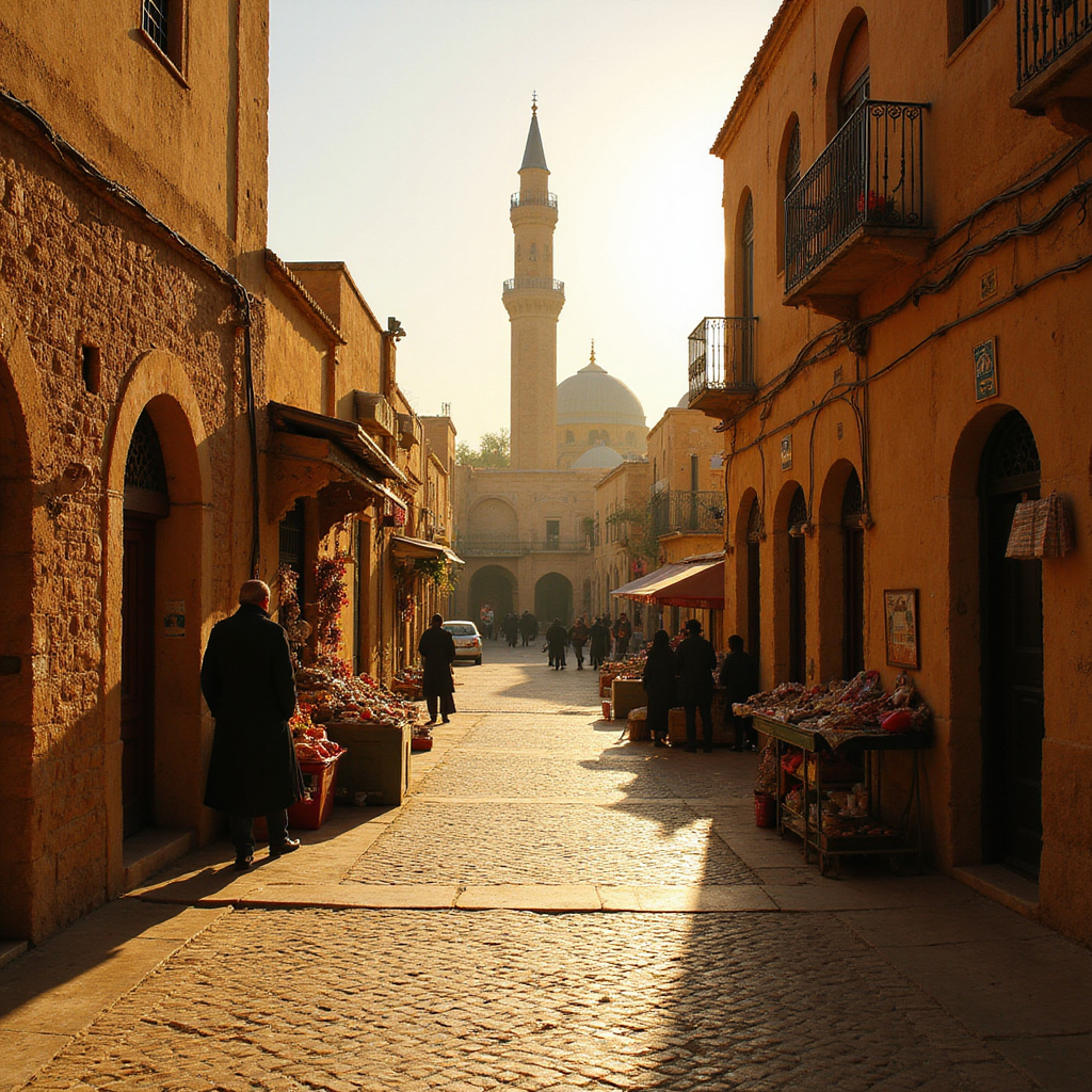 Wąskie uliczki Kairouan z widocznym Wielkim Meczetem w tle