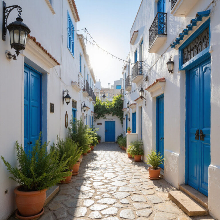 Wąskie uliczki Medyny w Hammamet z białymi domami i niebieskimi drzwiami, tunezyjska architektura