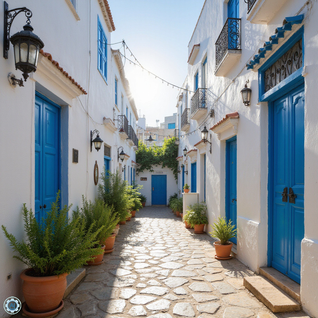 Wąskie uliczki Medyny w Hammamet z białymi domami i niebieskimi drzwiami, tunezyjska architektura