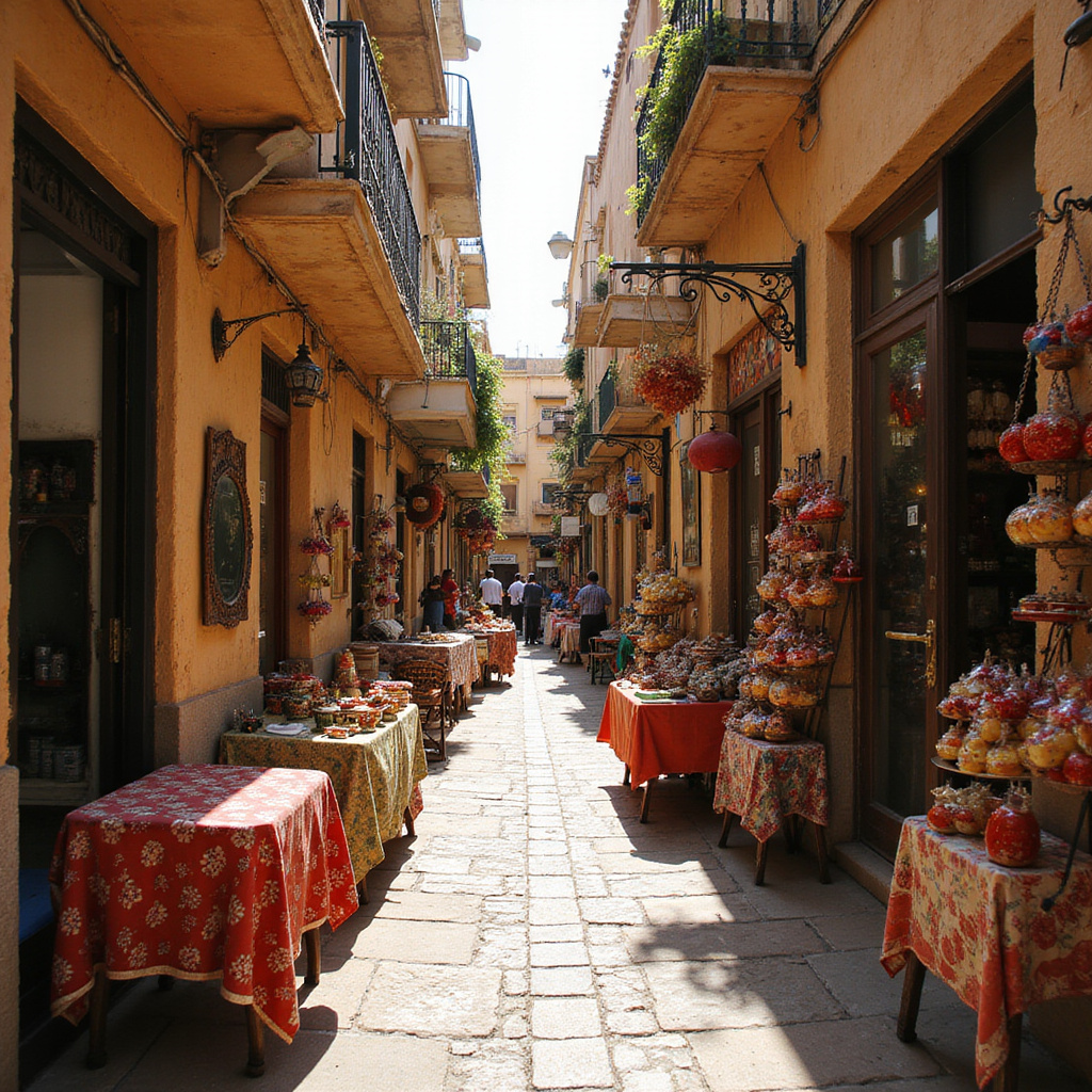 Wąskie uliczki medyny w Sousse z lokalnymi straganami i tradycyjną architekturą