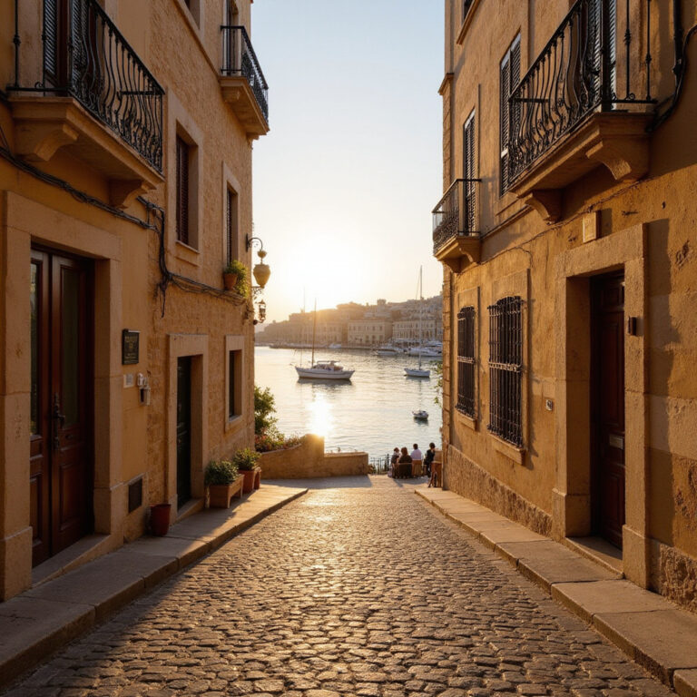 Wąskie brukowane uliczki Vittoriosy z widokiem na Grand Harbour