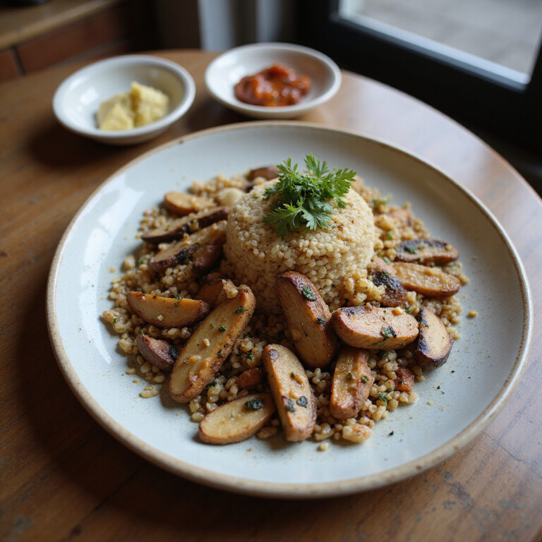 Wegańska kuchnia w Krakowie – talerz z lokalnymi kaszami i wędzonymi grzybami