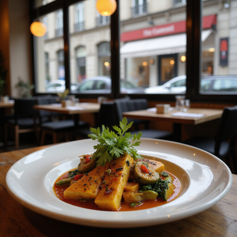 Wegańskie danie w paryskiej restauracji z widokiem na ulicę, świeże warzywa i aromatyczne przyprawy