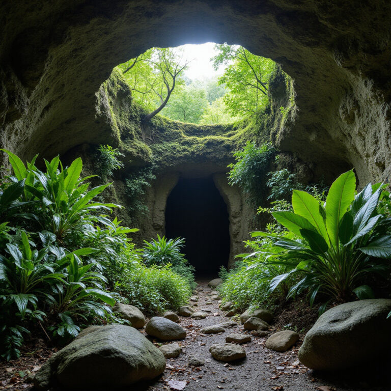 Widok na wejście do jaskini Taino wśród tropikalnej roślinności, tajemnicze jaskinie Taino, Jamajka