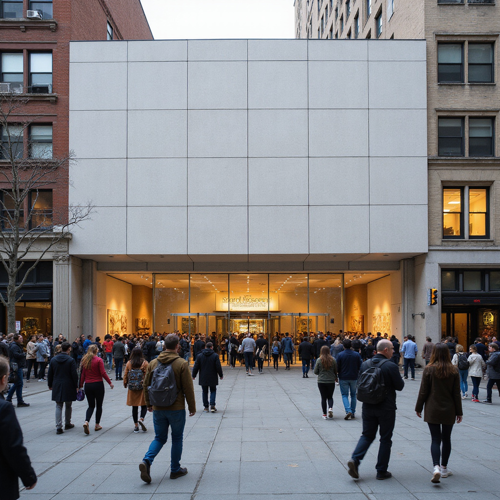 Spacerujący ludzie przed wejściem do Museum of Modern Art w Nowym Jorku, zwiedzanie i architektura