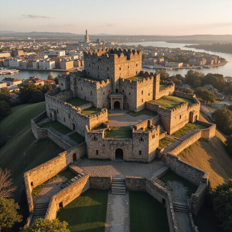 Widok na Cytadelę w Victorii z ulicy, otoczoną kamiennymi murami i zabytkowymi budynkami