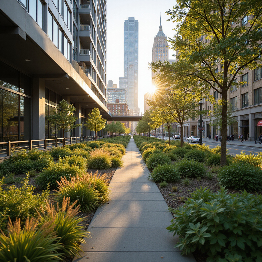 Widok na High Line z perspektywy ulicy, otoczony nowoczesnymi budynkami