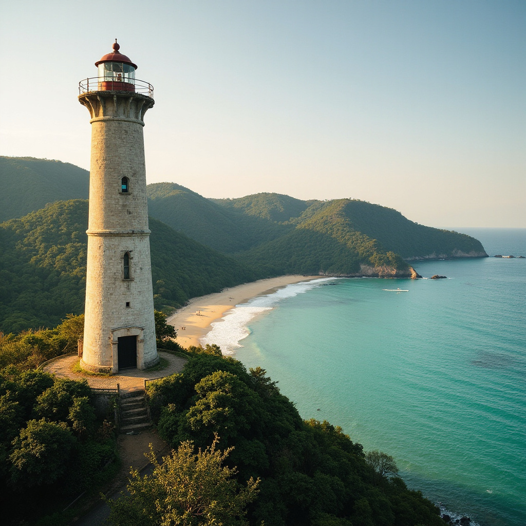 Latarnia morska Mu Ko Lanta górująca nad turkusowym morzem i zielonymi wzgórzami