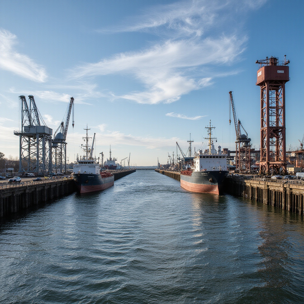 Widok na Port Ventspils z nabrzeża, statki i przemysłowa infrastruktura