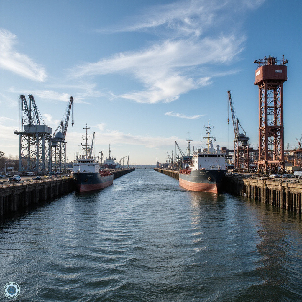 Widok na Port Ventspils z nabrzeża, statki i przemysłowa infrastruktura