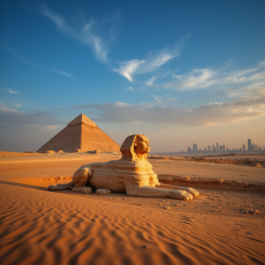 Pustynny krajobraz wokół Sfinksa z widokiem na współczesny Kair