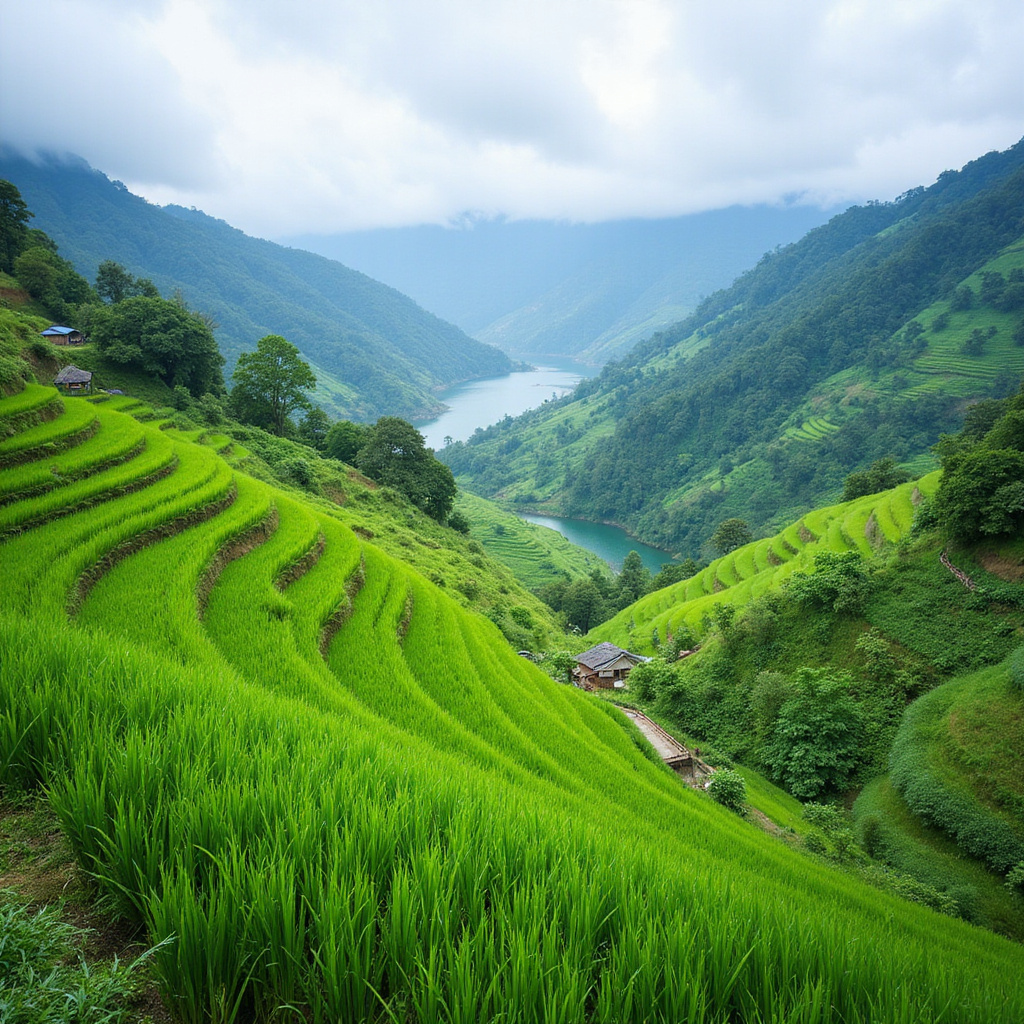 Taras ryżowy w Sapa z widokiem na góry i wodę