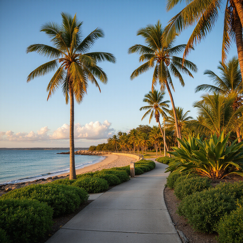 Widok na zatokę Darwin z promenadą i palmami
