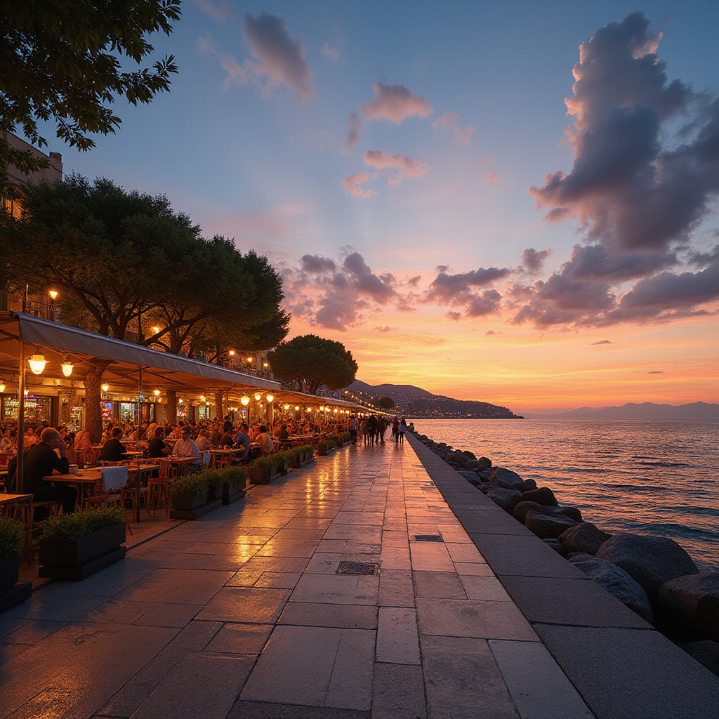 Promenada Riva w Splicie wieczorem, z widokiem na morze i kawiarnie