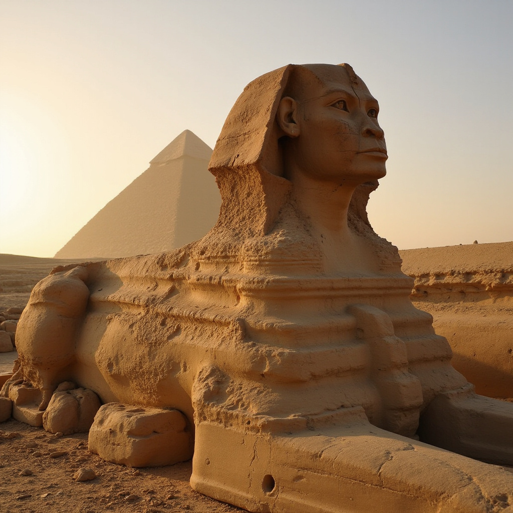 Wielki Sfinks na tle piramid w Gizie, monumentalny strażnik starożytności