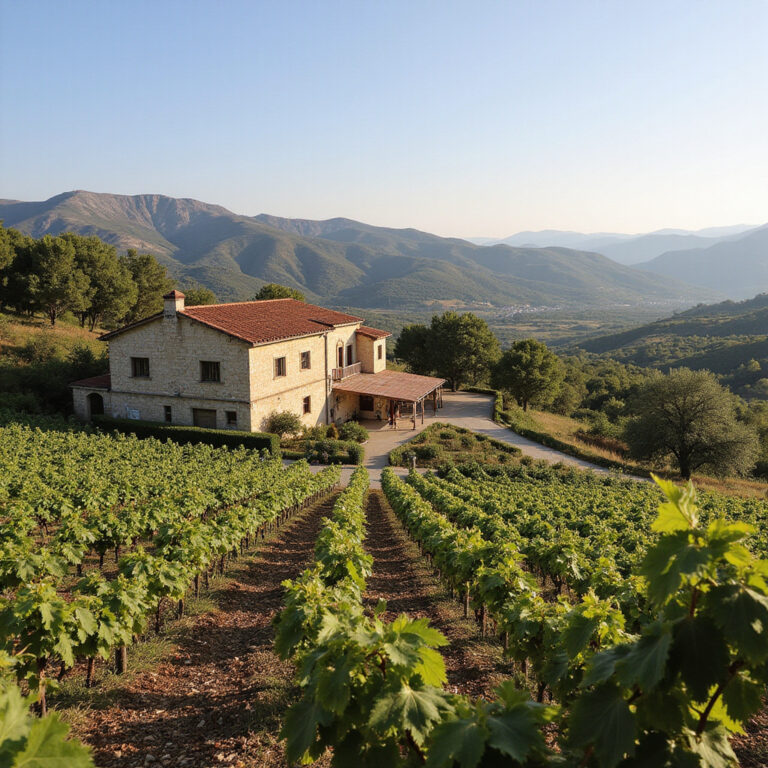 Winnica Achaia Clauss na tle wzgórz Peloponezu, tradycyjne greckie wino