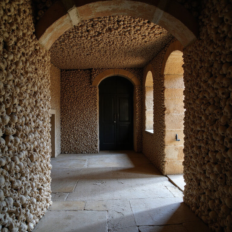 Wnętrze Capela dos Ossos w Faro z tysiącami kości i czaszek na ścianach, mroczna kaplica w Algarve