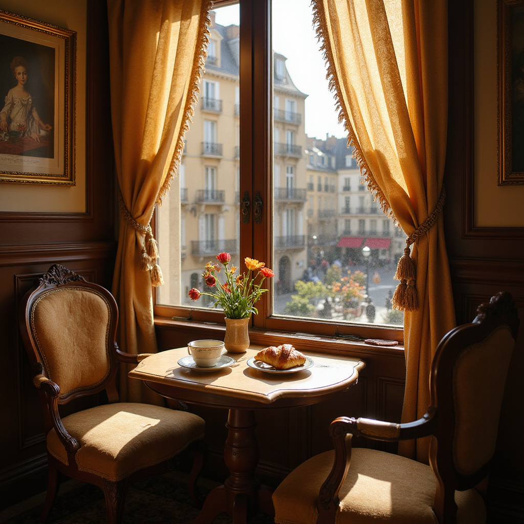 Wnętrze historycznej kawiarni w Paryżu z widokiem na stolik przy oknie