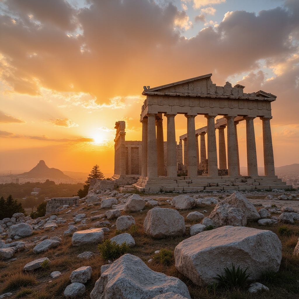 Wschód słońca na Akropolu z widokiem na Partenon i marmurowe kolumny