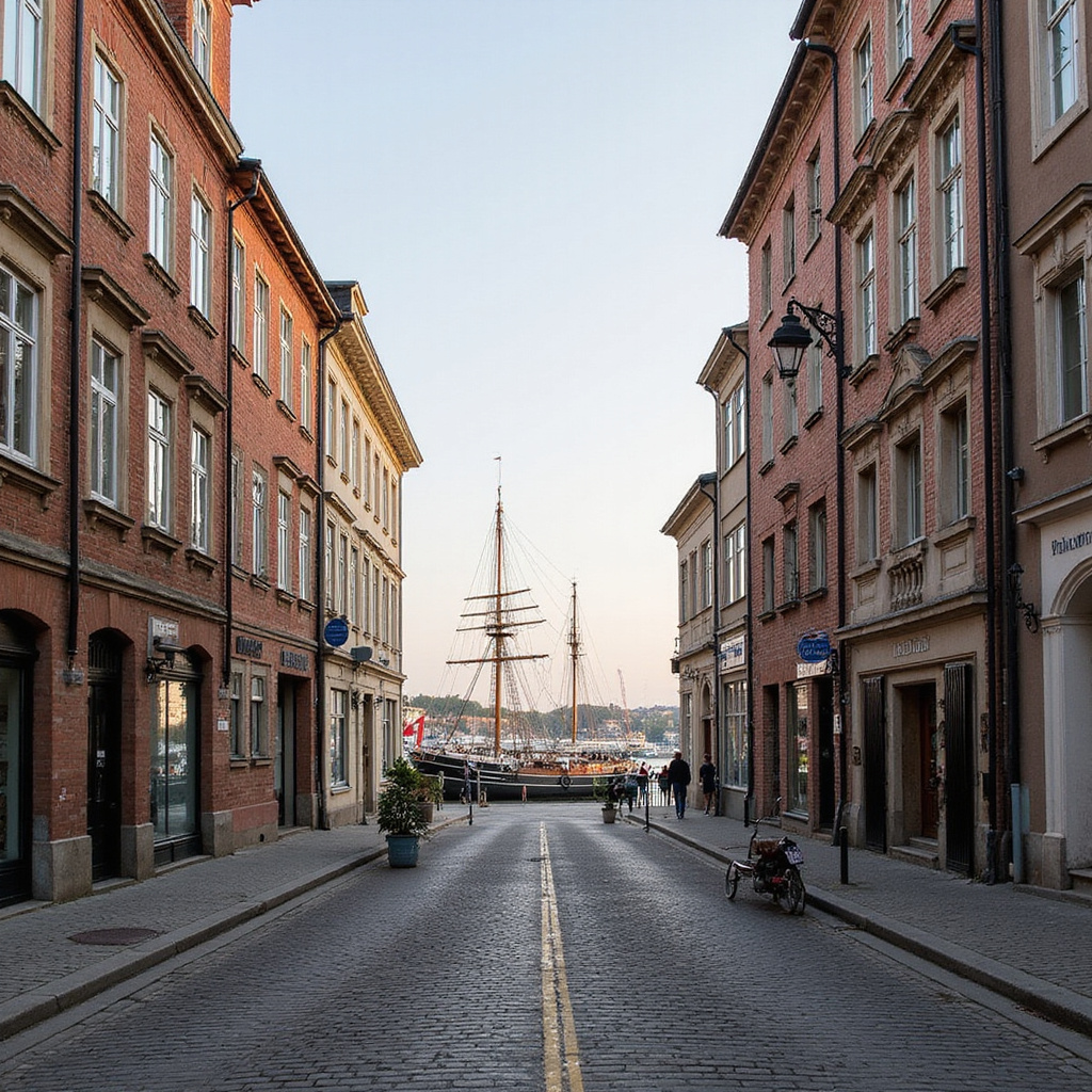 Ulica w Ventspils z zabytkowymi budynkami w tle portu