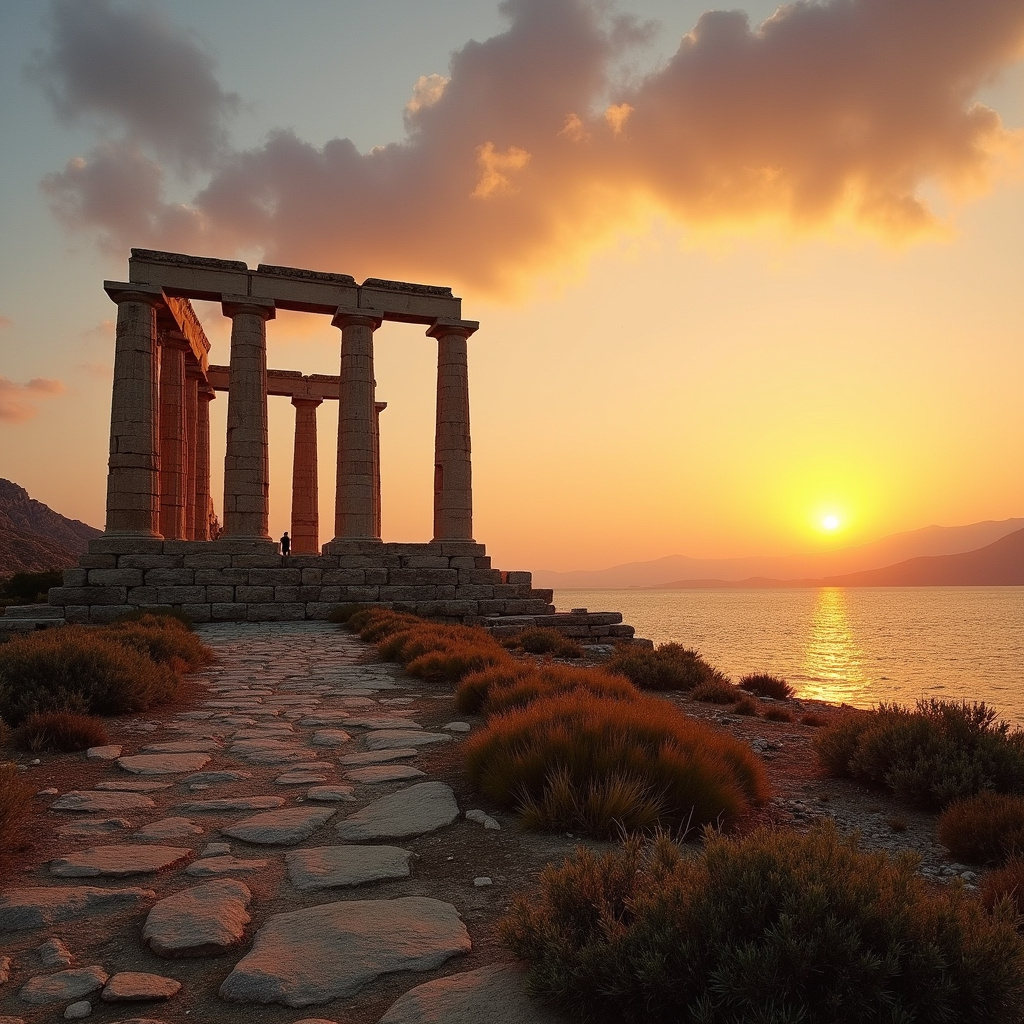 Zachód słońca nad Świątynią Posejdona w Sounion, grecka przyroda i historia