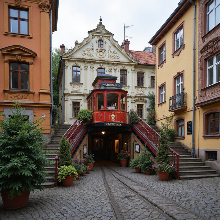 Zagrzebski funikular - najkrótsza kolejka świata na tle zabytkowych kamienic