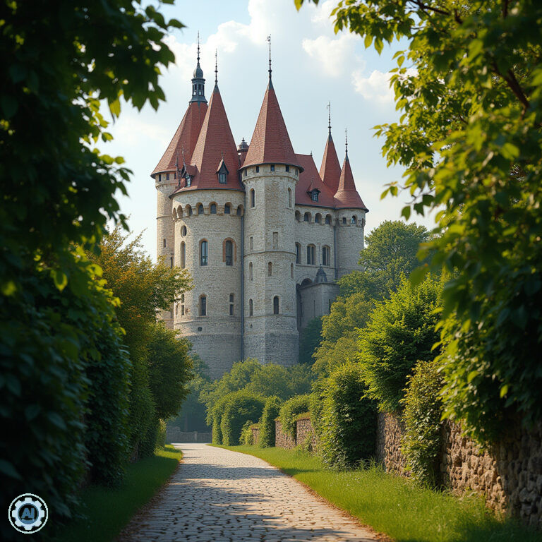 Zamek Cēsis widziany z ulicy wśród zieleni, średniowieczna architektura