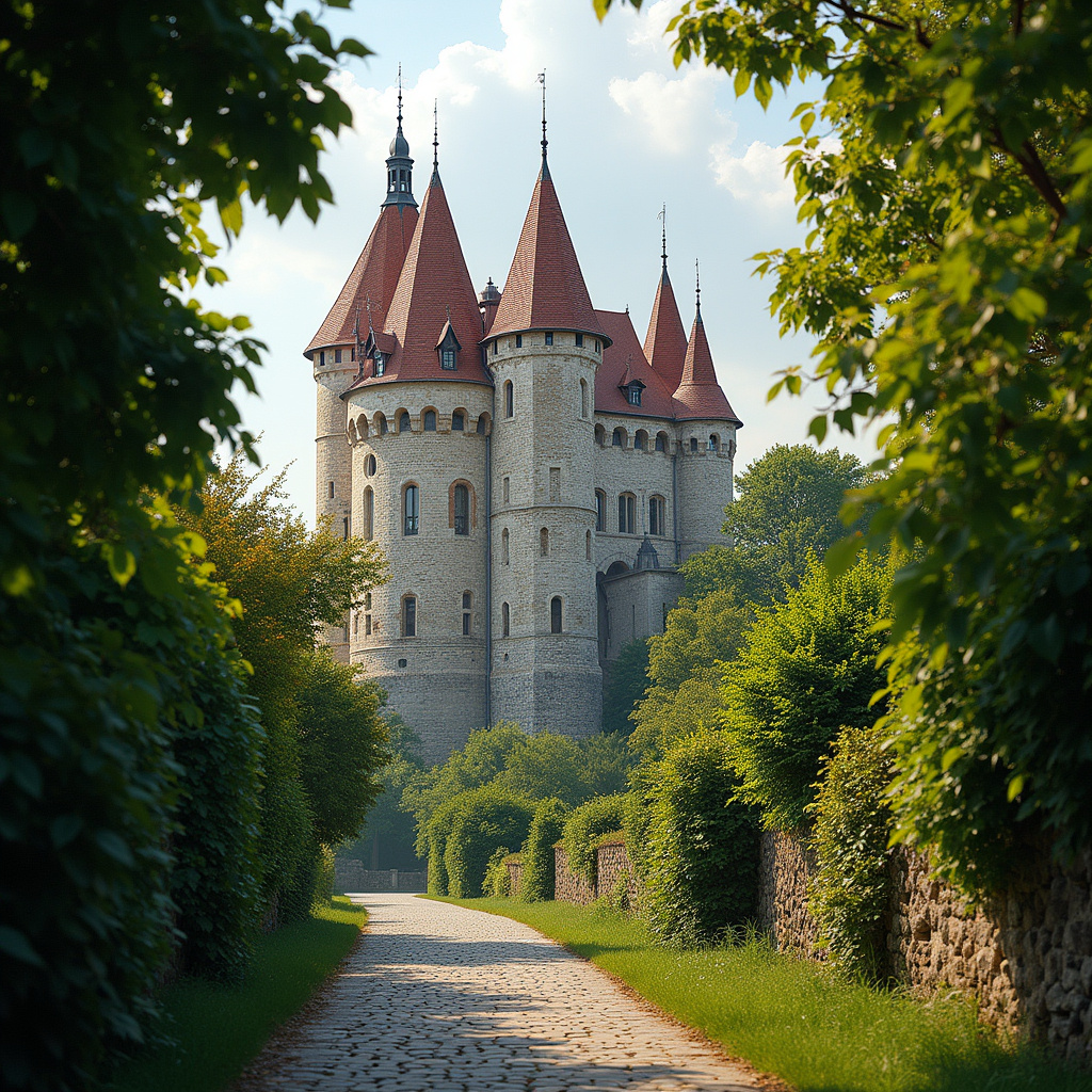 Zamek Cēsis widziany z ulicy wśród zieleni, średniowieczna architektura