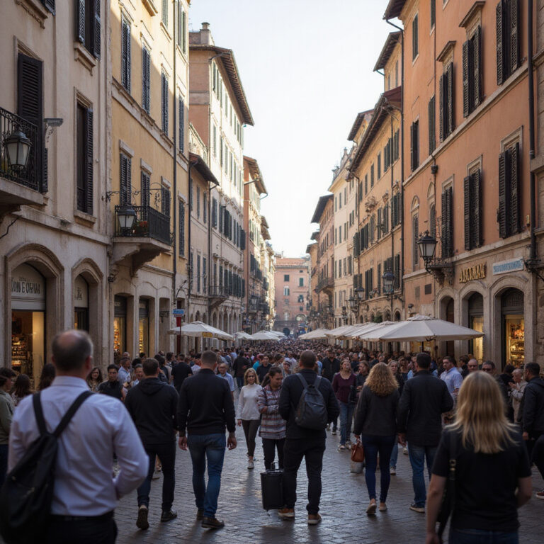 Zatłoczona ulica w Rzymie z turystami – uważaj na kieszonkowców w tłumie