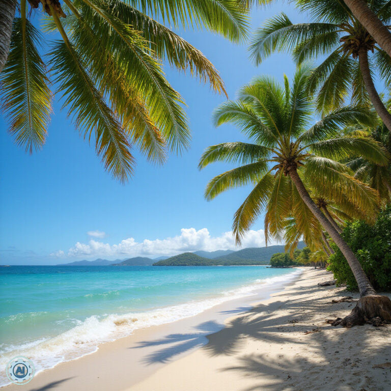 Złota plaża Puerto Plata z palmami i turkusową wodą, idealna na wakacje