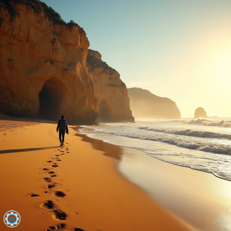Złota plaża w Algarve z samotnym podróżnikiem i klifami w tle