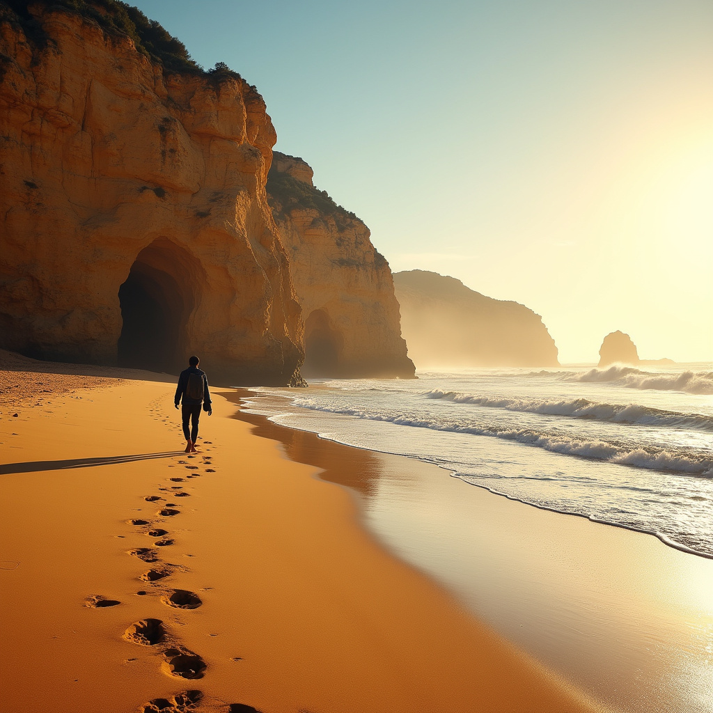Złota plaża w Algarve z samotnym podróżnikiem i klifami w tle