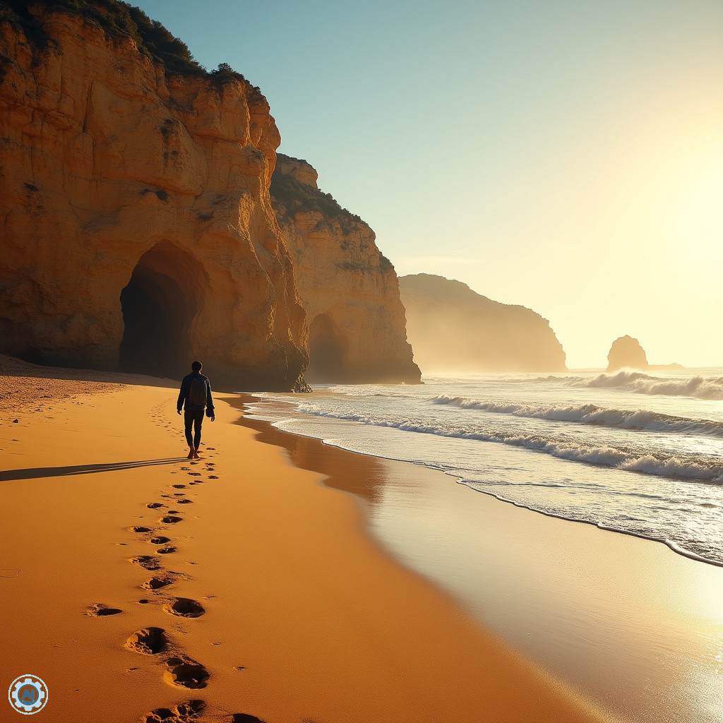 Złota plaża w Algarve z samotnym podróżnikiem i klifami w tle