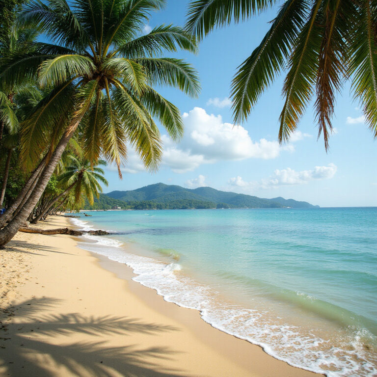 Złota plaża w Hua Hin z palmami i błękitnym morzem – idealne miejsce na relaks w Tajlandii