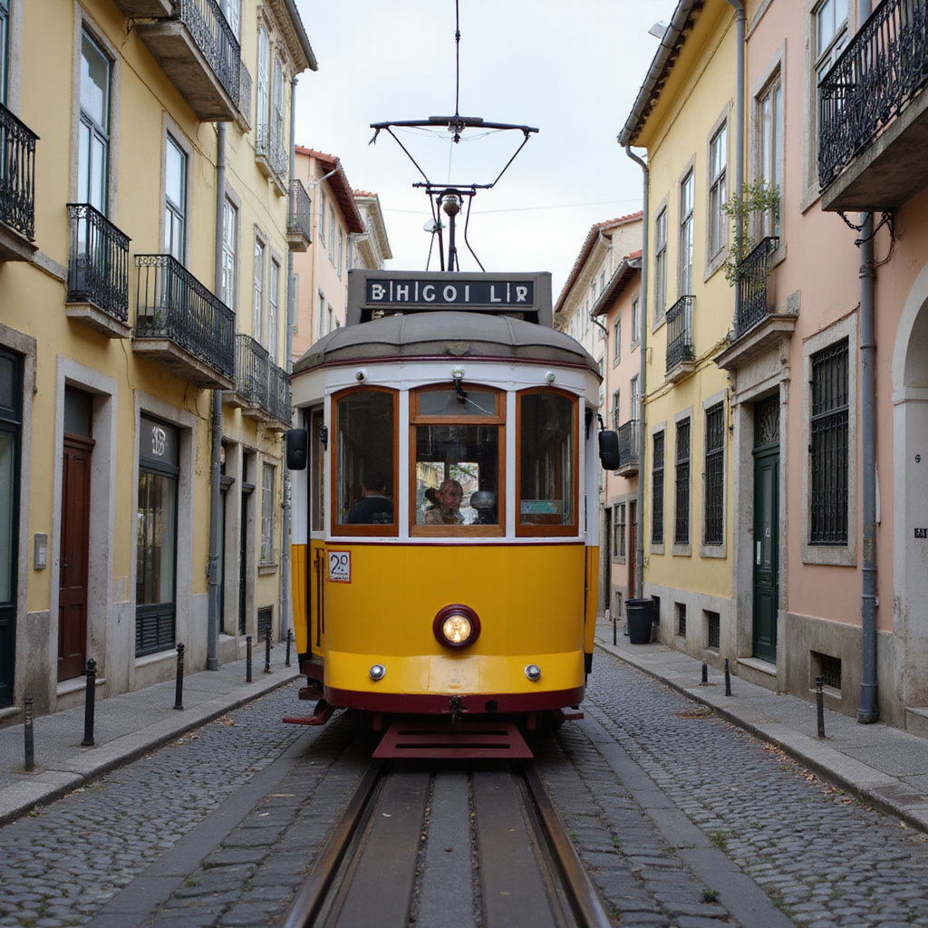 Żółty tramwaj 28 na wąskiej uliczce Lizbony, zabytkowy środek transportu
