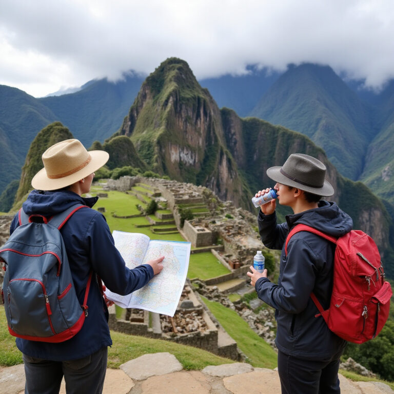 Widok na starożytne inkaskie miasto Machu Picchu otoczone górami i chmurami