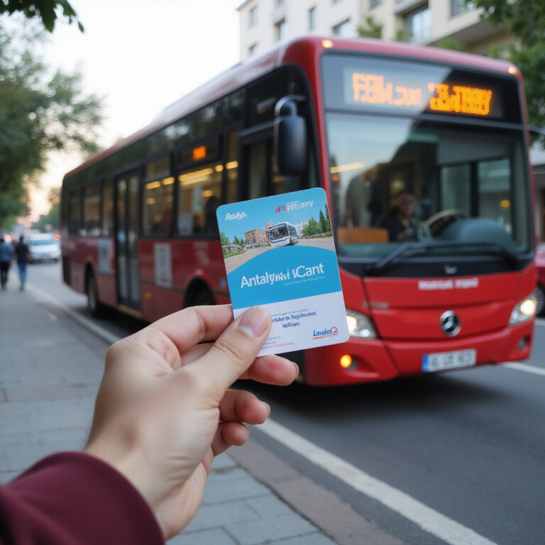 AntalyaKart w dłoni na tle autobusu miejskiego w Antalyi, wygodny transport