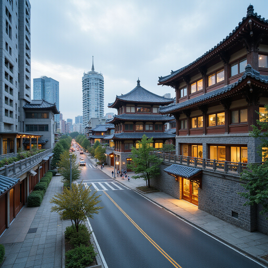 nowoczesna architektura Seulu z elementami tradycyjnymi, urbanistyka