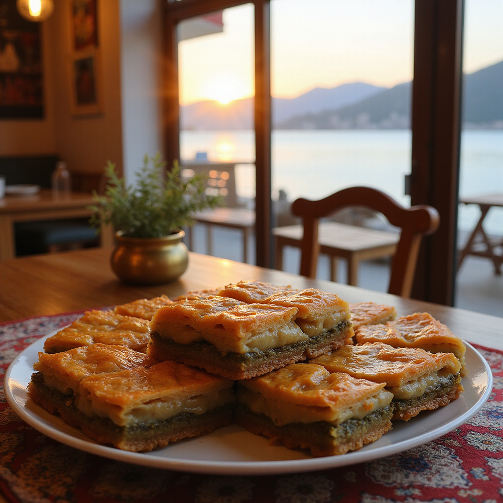 Baklava Marmaris na tle tureckiej cukierni z widokiem na morze