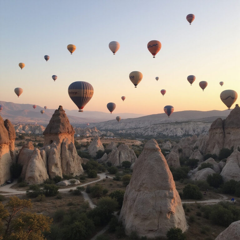 Balony w Kapadocji unoszące się nad skalnymi formacjami o wschodzie słońca