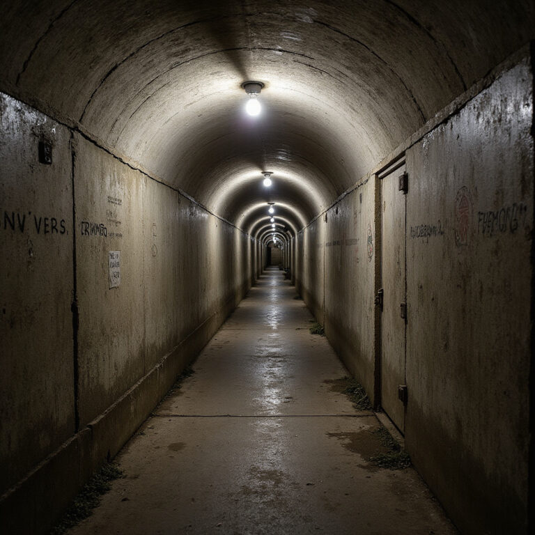 Zwiedzanie podziemi Szczecina – betonowy korytarz schronu z lat 40. XX wieku z widocznymi oryginalnymi napisami