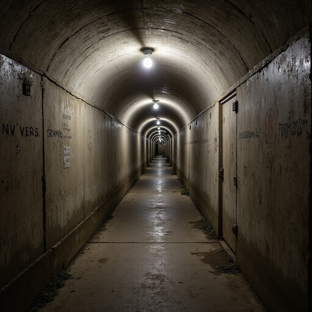 Zwiedzanie podziemi Szczecina - betonowy korytarz schronu z lat 40. XX wieku z widocznymi oryginalnymi napisami