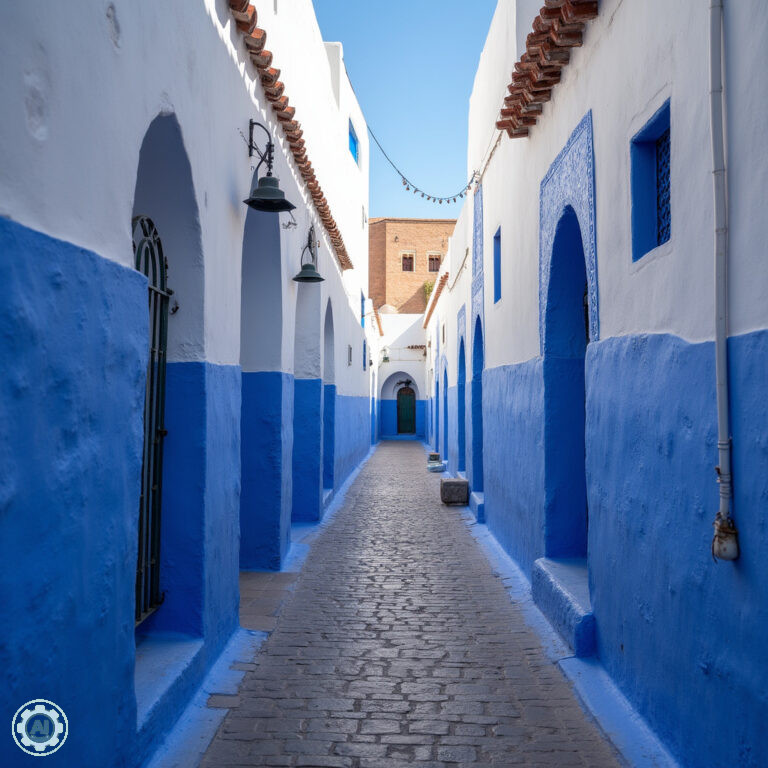 Błękitno-białe uliczki Kasbah des Oudaias w Rabacie, Maroko