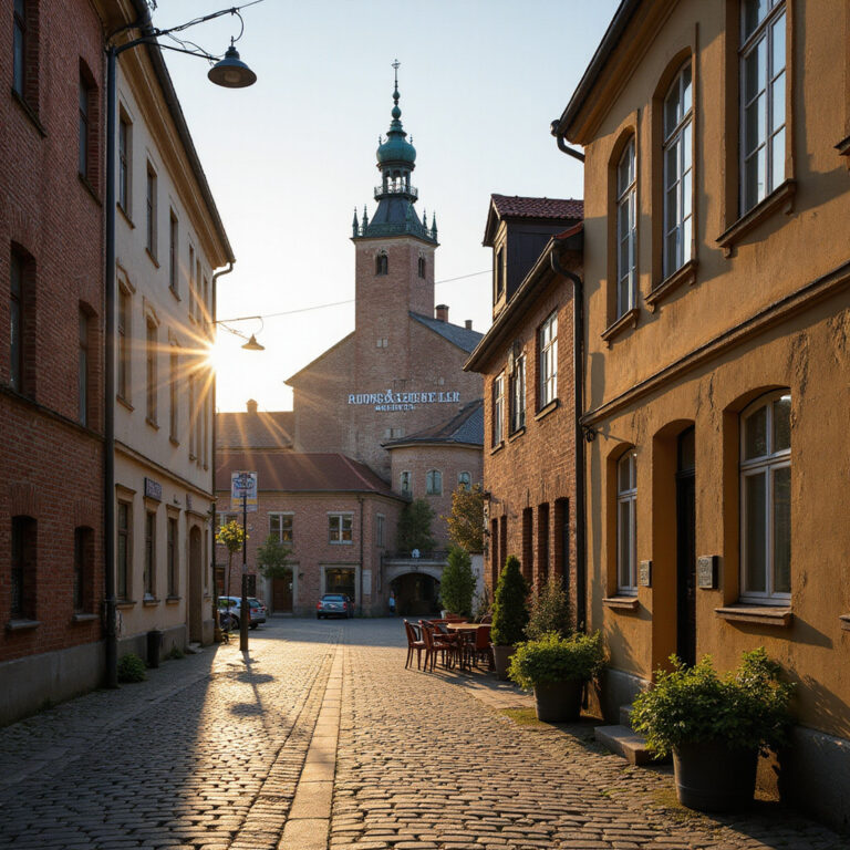 Ulica w Pilznie z widokiem na Browar Pilsner Urquell – piwowarstwo i tradycja