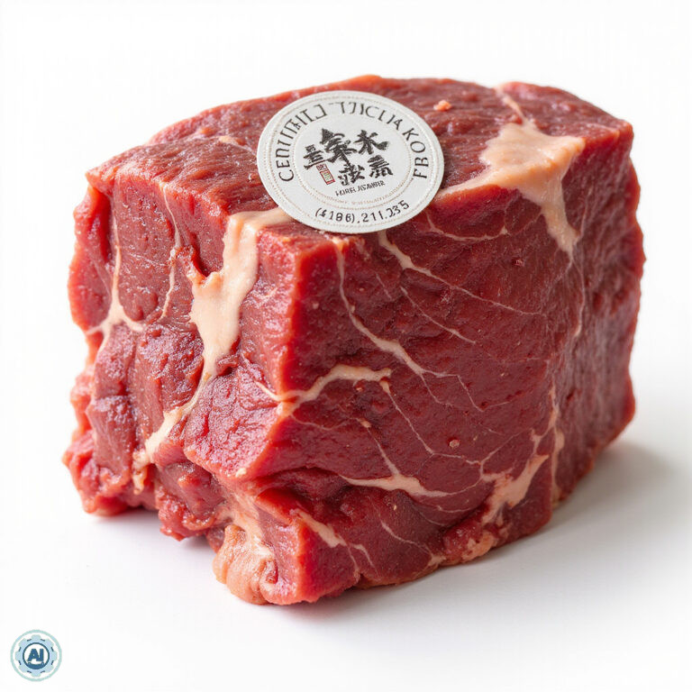 Certyfikowana wołowina Kobe beef z widocznym logo i numerem hodowli