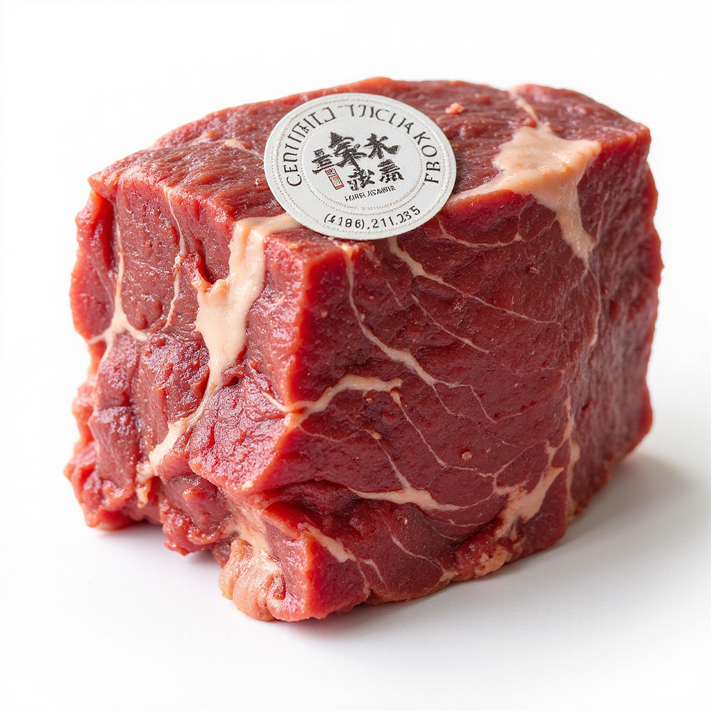 Certyfikowana wołowina Kobe beef z widocznym logo i numerem hodowli